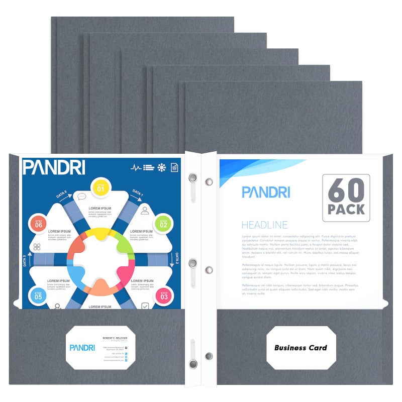 PANDRI Two Pocket Folders, PANDRI 60 Pack Two Pocket Folders with Prongs, 3 Prong Folders Designed for Office and Classroom, Letter Size Grey - Image 1